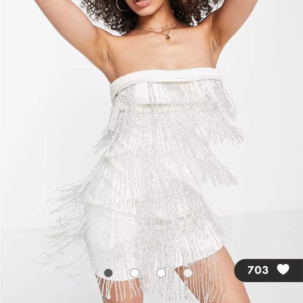 Strapless fringe sparkle white dress